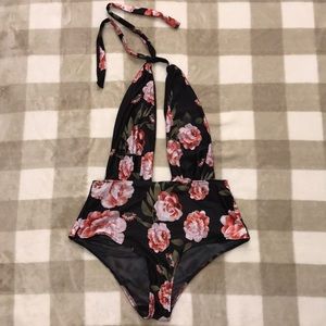 NWOT Black Floral Backless Halter Swimsuit